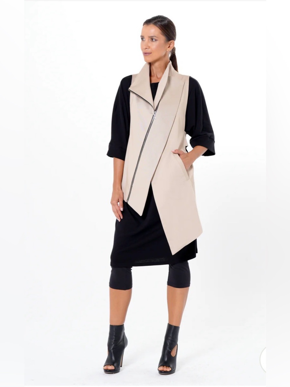 Asymmetrical Beige Zip Vest